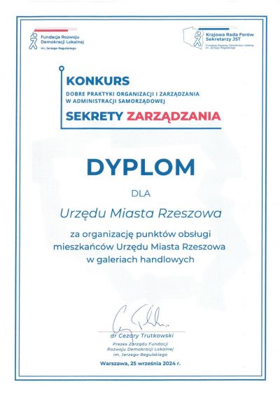 dyplom dla Miasta Rzeszowa w konursie -  Dobre Praktyki Organizacji i Zarządzania w Administracji Samorządowej